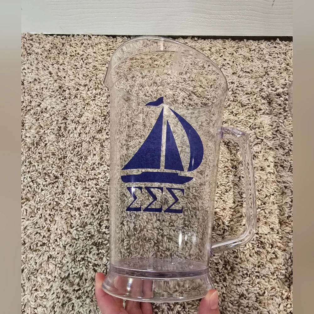 Clear Pitcher Set with Sigma Sigma Sigma Sailboat Design Tri-Sigma Sorority - Picture 3 of 11